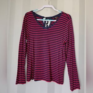 Cupio Navy and Red Striped V-Neck Long Sleeve Top